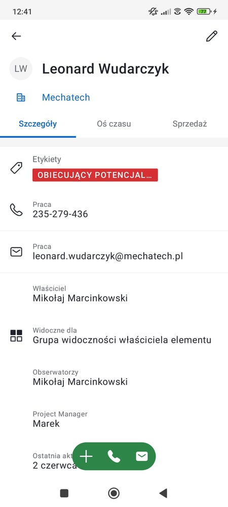 Karta kontaktu Pipedrive App