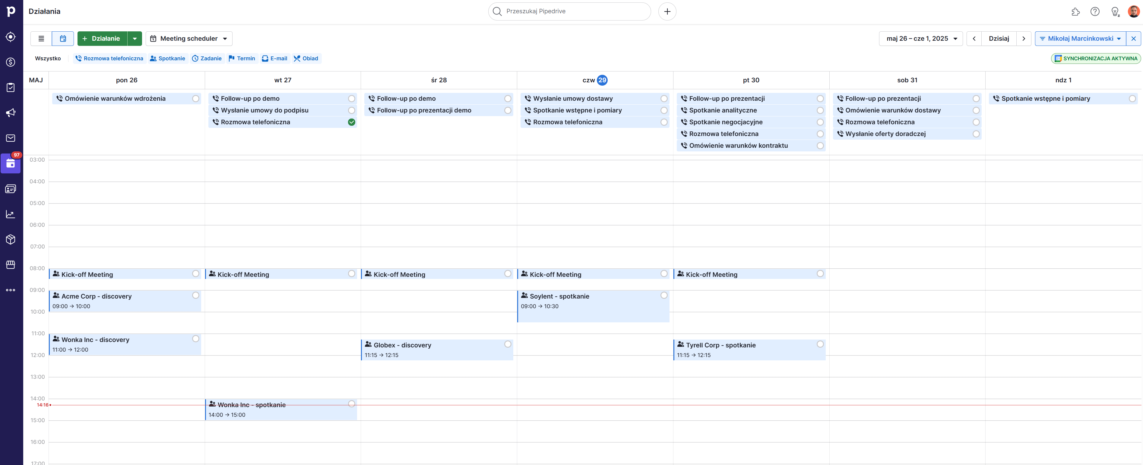 Kalendarz jednego z handlowców w pipedrive