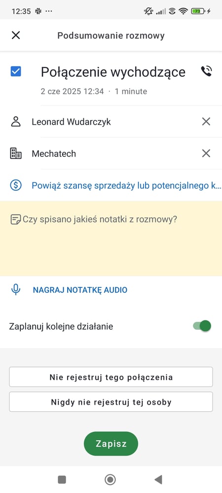 Podsumowanie połączenia Pipedrive App