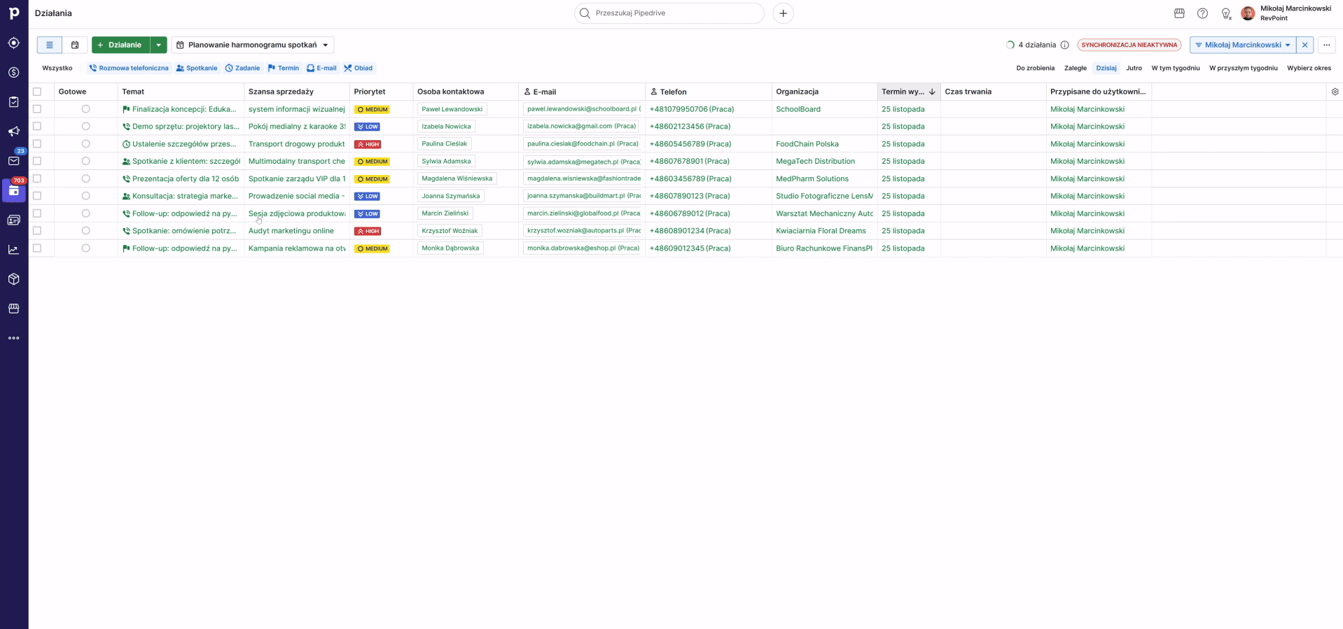 Animacja pokazująca moduł działań i planowanie zadań w Pipedrive CRM