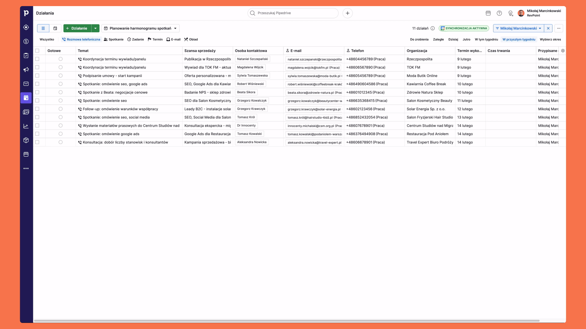 Planer spotkań w Pipedrive